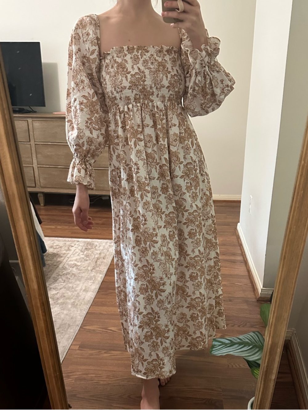 Gabriella - Women's Cream Floral Smocked Midi Dress